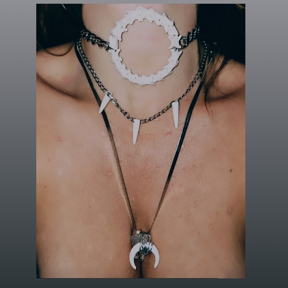 Edgy Silver and Snake Bone Layered Necklace Set - Picture 2 of 2